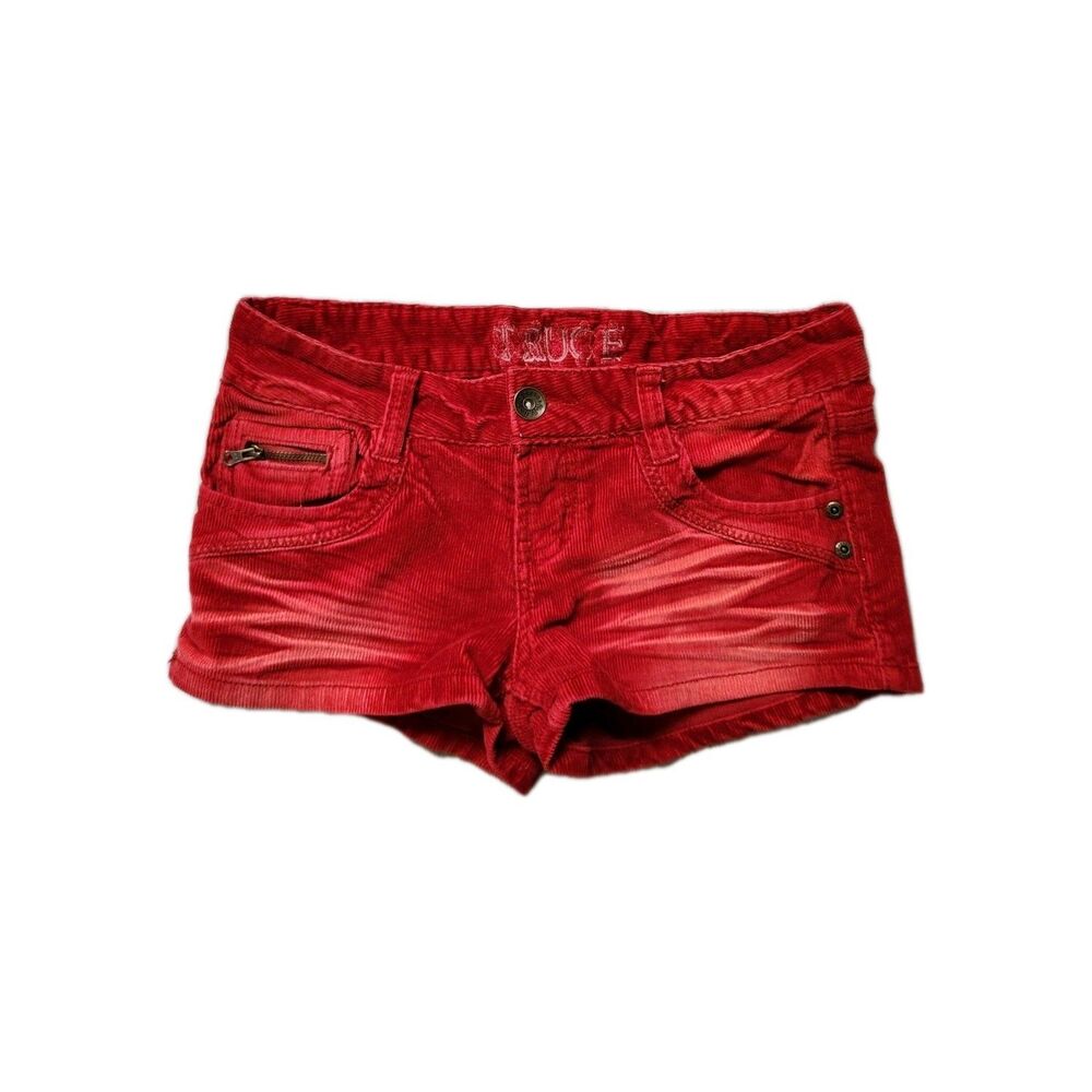 VTG Y2K Truce Red Corduroy Low Rise Shorts Distressed Zip Pocket Stretch S EUC